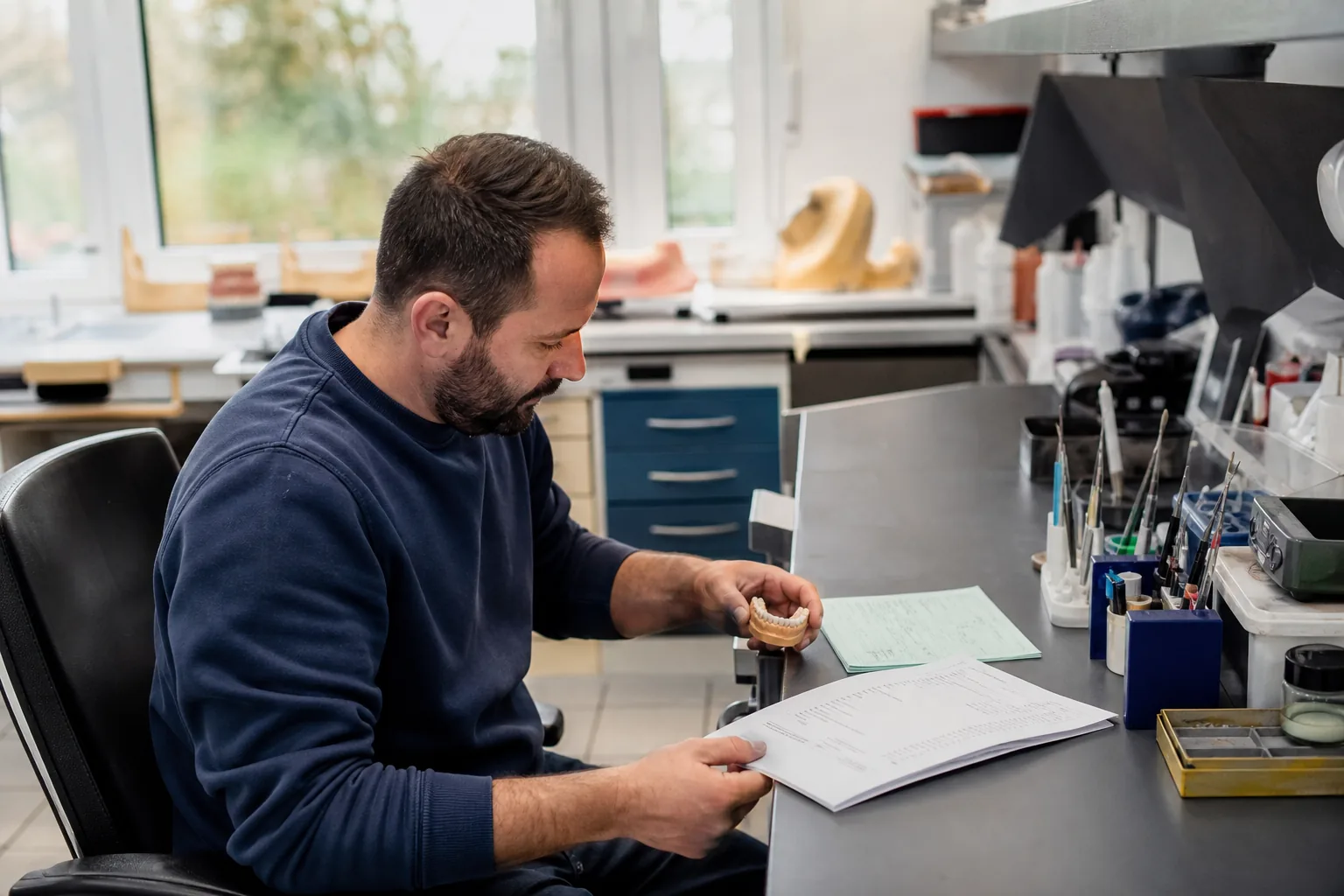Zahntechniker prüft Werkstück, Auftrag und Materialbeleg gemeinsam